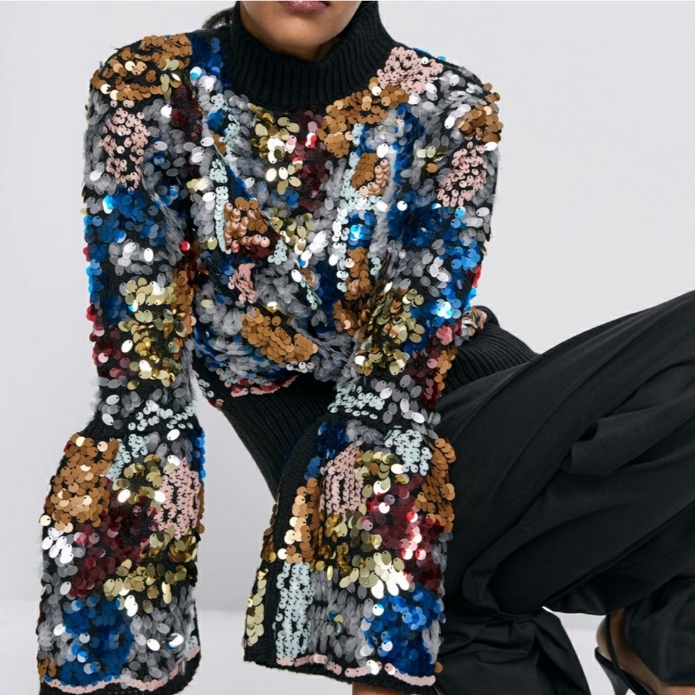 ZARA SEQUIN SWEATER WITH RUFFLE sleeve bloggers favorite